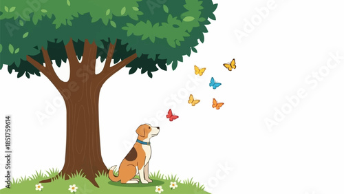 A Beagle Dog Sitting Under a Tree Watching Butterflies Fly Away.