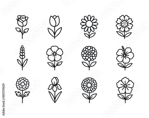 Garden Flower Icons. Garden Flowers. Line icon set of garden flo