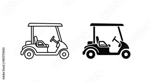 Two golf carts depicted in contrasting line styles one outline and one solid silhouette