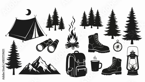 Camping and Hiking Adventure Gear Collection Black Silhouette Icons.
