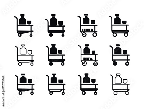 Stylish Bar Cart Icons. Stylish Bar Cart with Liquor and Glasswa
