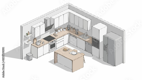 Modern L-Shaped Kitchen with Island and Appliances.