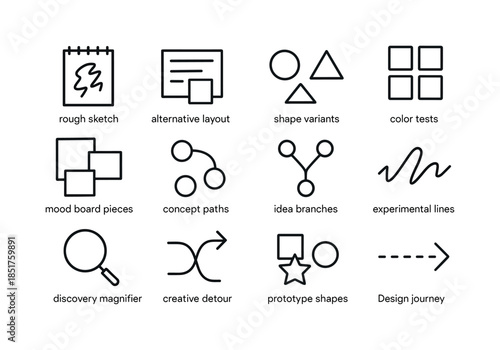 Design Icon Grid. Design exploration. Line icon set of Design ex