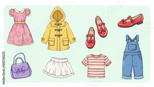 Collection of Childrens Clothing and Accessories Laid Out.