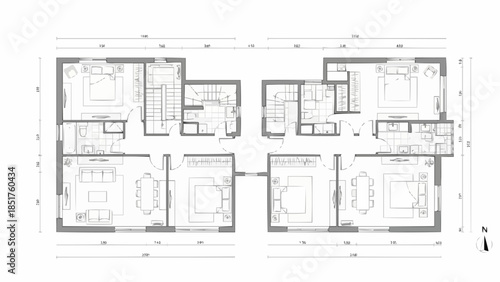 Architectural Floor Plan of Residential Building with Multiple Units.