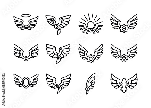 Mechanical Angel Wings Icons. Angel-inspired mechanical wings. L