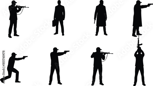 Armed men silhouettes collection, tactical gunman poses isolated on white background, crime security action illustration set for defense concept vector design