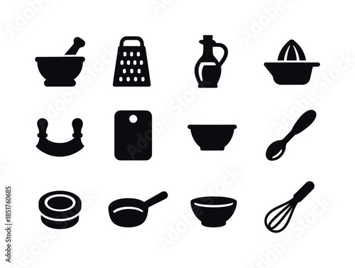 Mediterranean Kitchen Icons. Mediterranean kitchen tools. Solid