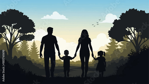 Family walking together holding hands in nature.