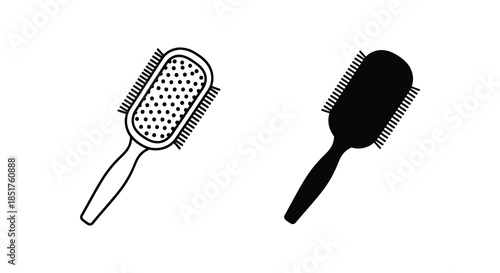 Two hairbrushes one detailed and one in dark silhouette presented on a white background