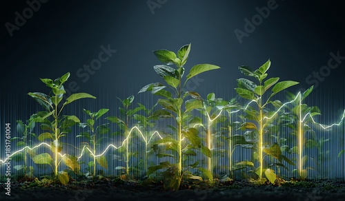 Sustainable Growth and Investment: Green Shoots Emerging with a Glowing Financial Growth Line in a Dark Environment Representing Financial Optimism and Eco-Conscious Investment Strategies