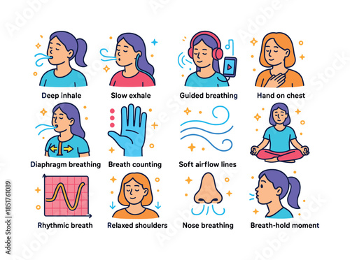 Colorful Breathwork Icons. Breathwork. Colorful isometric vector