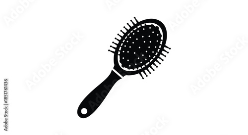 A black and white image of a hairbrush detailed bristles and ergonomic handle silhouette