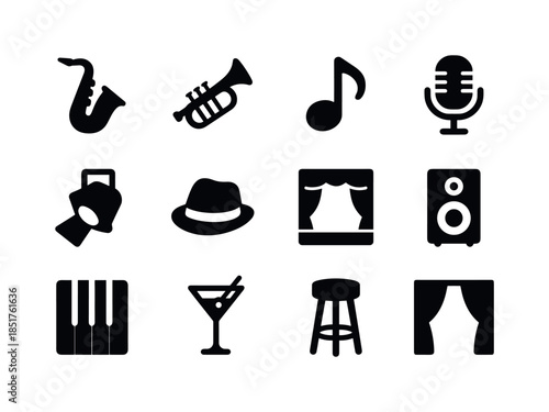 Jazz Icon Ensemble. Jazz Performance. Solid icon set of Jazz Per