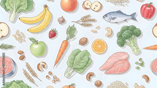 Fresh Produce and Seafood Spread on Light Blue Background
