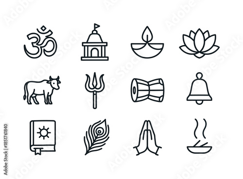 Hindu Icon Set. Hinduism. Line icon set of Hinduism: om symbol,