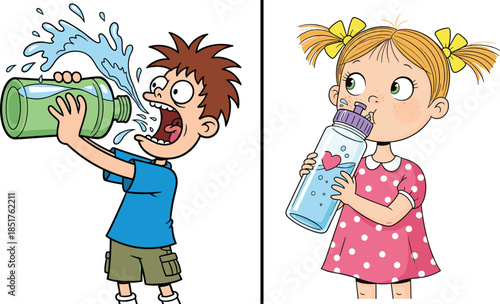 WebA polite girl drinking from a bottle versus a boy gulping water aggressively and making a huge mess.