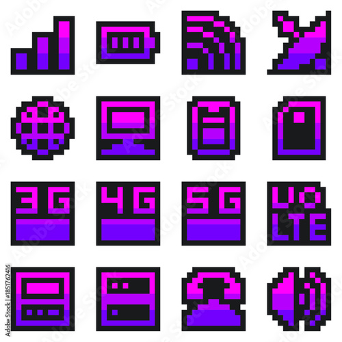 Cellular Communication Technology, Pink Gradient Color, Pixel Art Tiny Icon Set