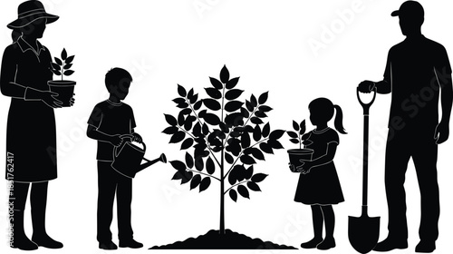 Black silhouette of a family planting a tree together, parents and children gardening with watering can and shovel, environmental growth concept vector