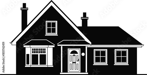 Black silhouette of a cozy traditional cottage or bungalow house with chimneys and a bay window for real estate and architecture design