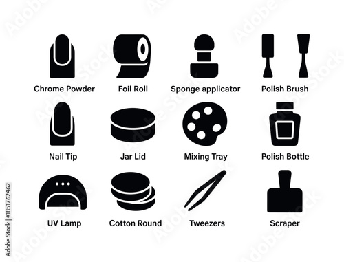 Metallic Nail Tools. Metallic nails. Solid icon set of Metallic