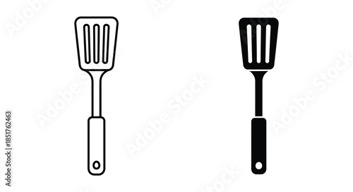 Two black kitchen spatulas depicted in a simple minimalist style silhouette