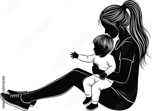 Black silhouette of a loving mother sitting on the floor and gently holding a baby on her lap, symbolizing motherhood, care, bonding, and maternal love.
