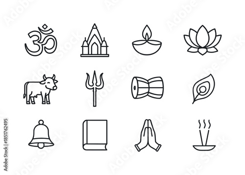 Hindu Icon Set. Hinduism. Line icon set of Hinduism: om symbol,