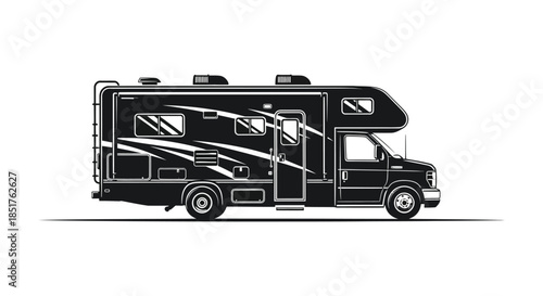 Detailed black and white illustration of a recreational vehicle a classic motorhome silhouette