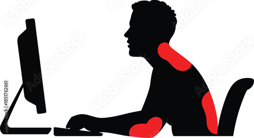 Black Silhouette of a Man Working at a Computer with Red Pain Spots, Illustrating Back Pain, Ergonomics, Posture Issues, and Office Worker Health Problems.
