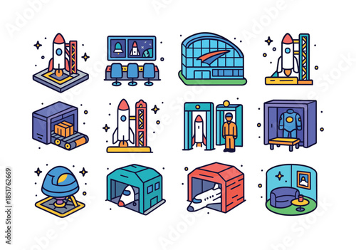 Spaceport Icon Set. Spaceport infrastructure. Colorful isometric