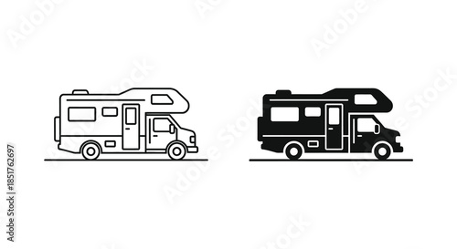Two recreational vehicles one outlined and one solid present a contrasting design silhouette