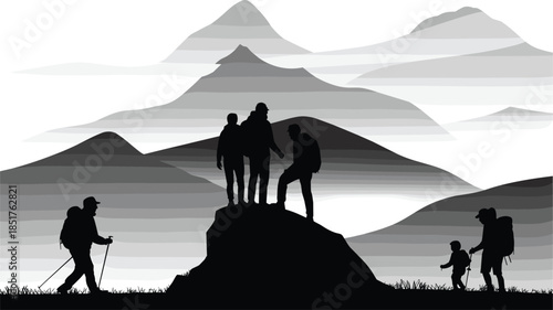 Black silhouette of hikers on mountain peak with misty hills background, family and friends trekking in nature, outdoor adventure concept