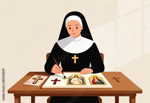 A nun meticulously paints religious icons on a canvas, surrounded by cross motifs
