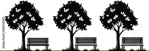 Black silhouette of park benches under leafy trees in a row, outdoor garden landscape design element, nature park scene vector