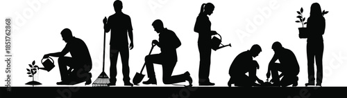 Black silhouette of people gardening and planting in a row, men and women watering flowers and digging soil, backyard maintenance vector illustration