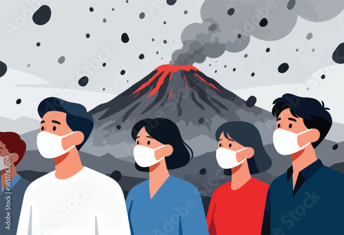 Faces wearing masks stand before a erupting volcano spewing ash and rocks