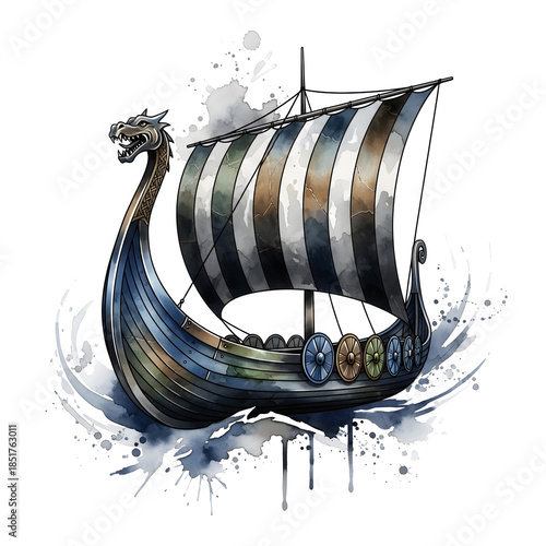Viking Longship with Striped Sail Sailing on Rough Seas