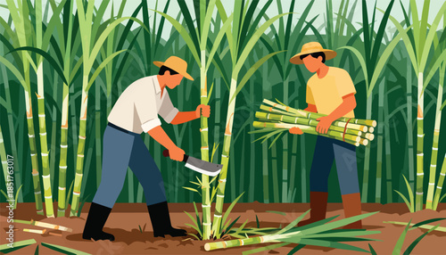 Farmers harvesting tall green stalks in a sunlit field with a clear sky