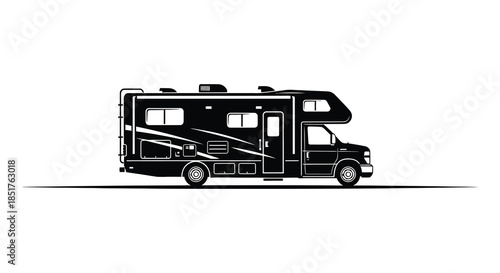 Detailed black rv camper van illustration side view travel vehicle outdoor adventure silhouette