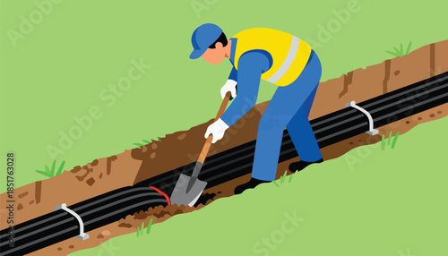 Worker digging trench, laying underground cables