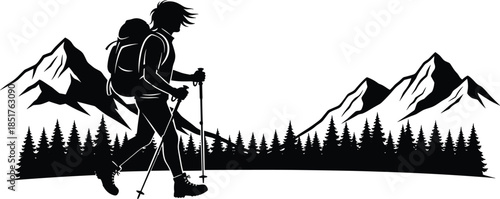 Black Silhouette Vector of a Hiker with Backpack and Trekking Poles Walking Through a Pine Forest with Majestic Snow Capped Mountains Background