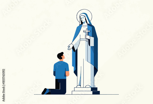 Man kneels before a statue of a woman in blue holding a cross