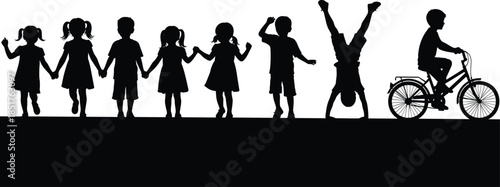 Black silhouette vector illustration of a group of happy children playing together, holding hands, waving, doing a handstand, and riding a bike in a park.