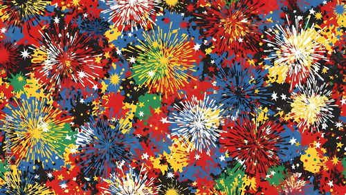 Colorful Fireworks Pattern Across a Confetti Background
