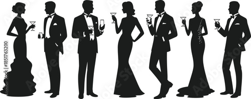 Black Silhouette Vector Set of Elegant Men and Women in Formal Evening Wear Drinking Cocktails at a Sophisticated Gala Party