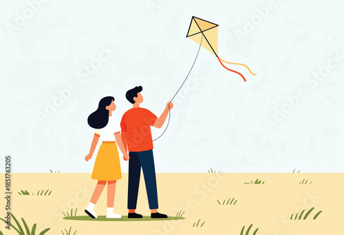 Couple flying a kite outdoors on a bright day with green grass and blue sky