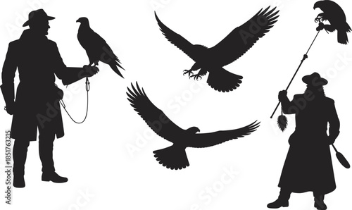Black Silhouette Vector Set of Falconers with Predatory Birds of Prey Featuring Eagles in Flight and Traditional Hunting Hawk Poses