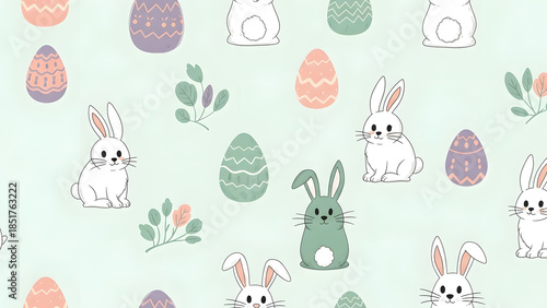 Playful Easter Bunny Pattern with Eggs and Green Foliage