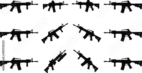 Black assault rifle silhouettes collection, military firearm icons isolated on white background, tactical weapon illustration set, modern gun vector bundle